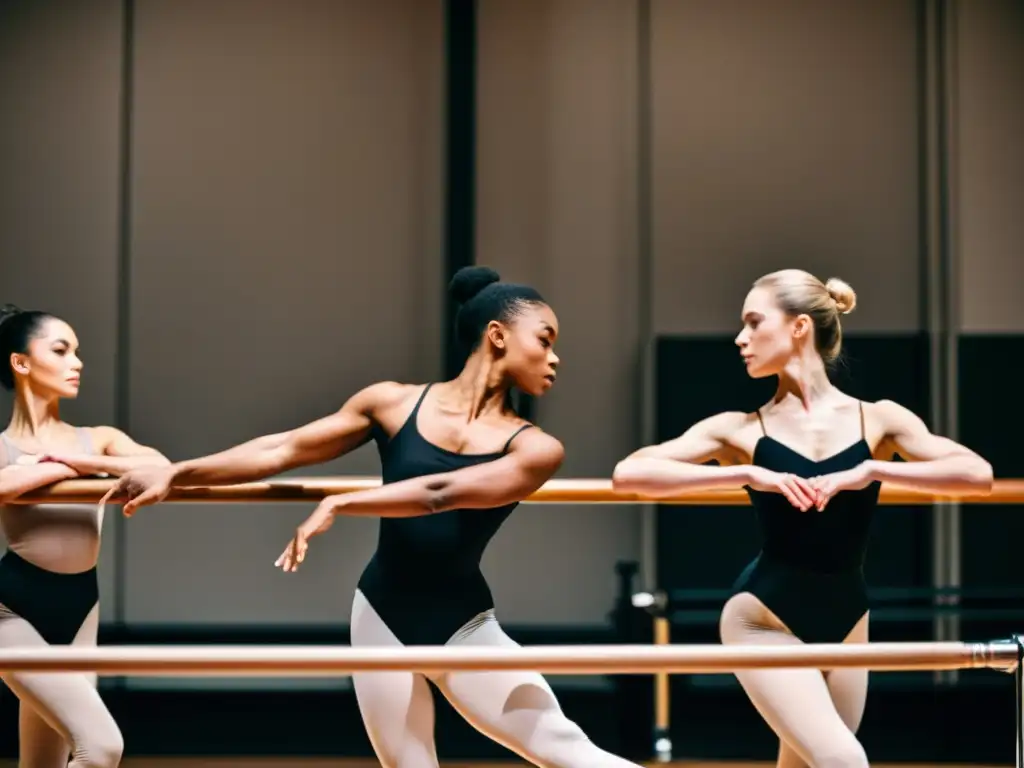 Bailarines de ballet aumentando masa muscular sin perder flexibilidad en el barre, mostrando gracia y determinación