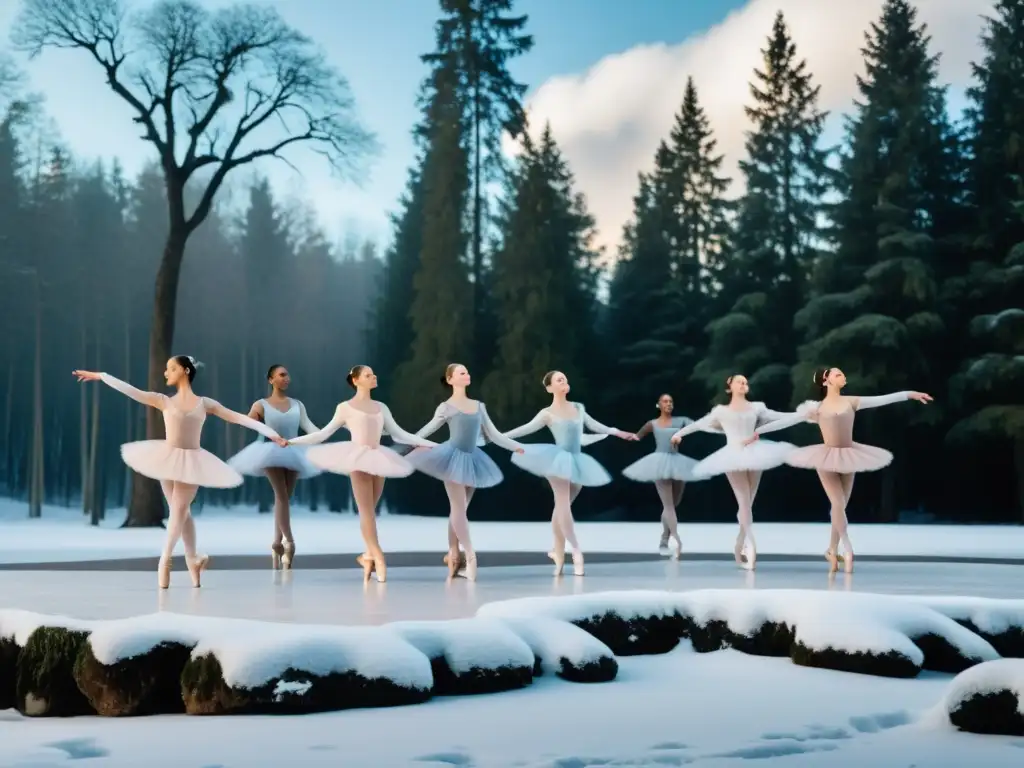 Bailarines de ballet ejecutan movimientos elegantes en un escenario nevado, destacando adaptaciones del vestuario de danza para climas fríos