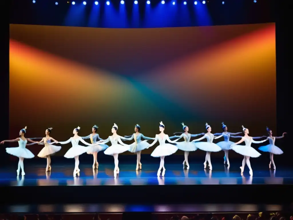 Bailarines de ballet de todo el mundo con trajes tradicionales en un escenario adornado, mostrando la influencia cultural del ballet mundial