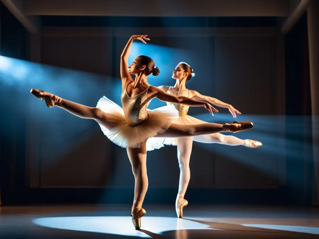 Dos bailarines de ballet en pleno salto, con trajes fluídos y músculos tensos, capturando la esencia del baile y las técnicas cinematográficas