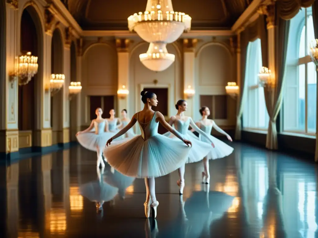 Bailarines de ballet en poses elegantes en un salón iluminado, capturando la esencia de paquetes VIP sesiones fotográficas danza