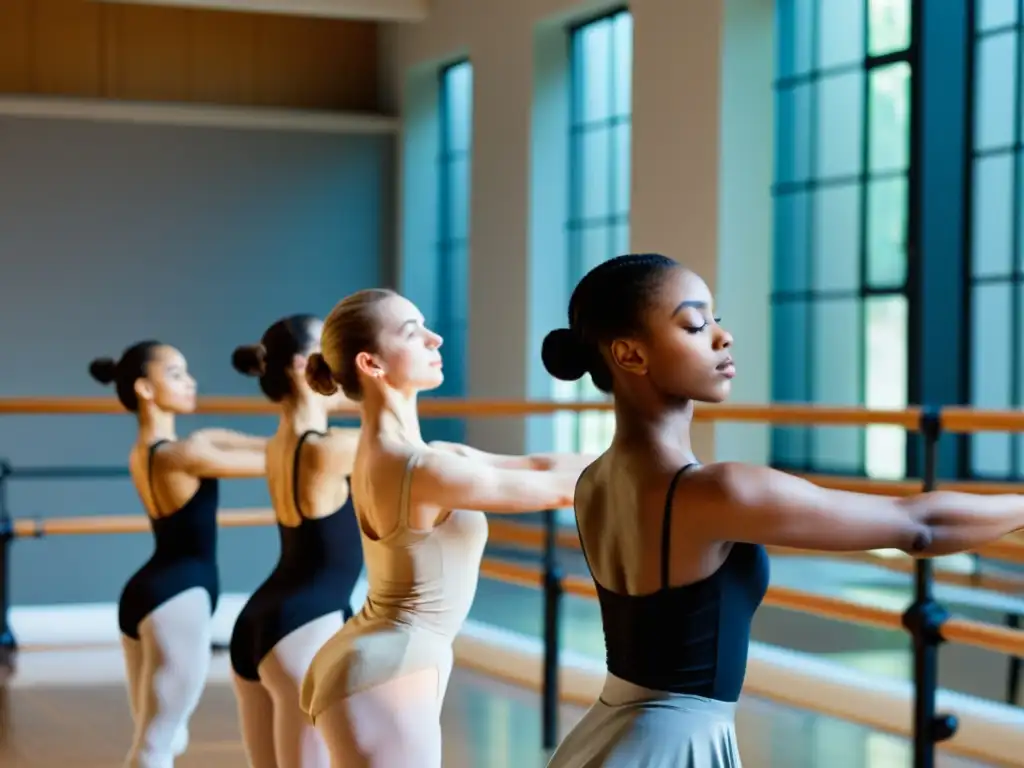 Bailarines de ballet profesionales practican en un estudio soleado, mostrando fuerza y disciplina