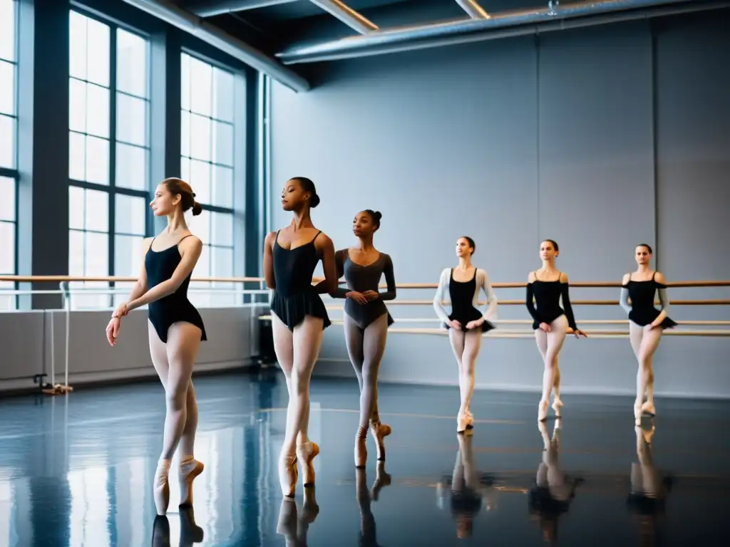 Bailarines de ballet profesionales ensayan en un estudio, destacando la importancia del impacto de la calzado y vestimenta en su salud y desempeño