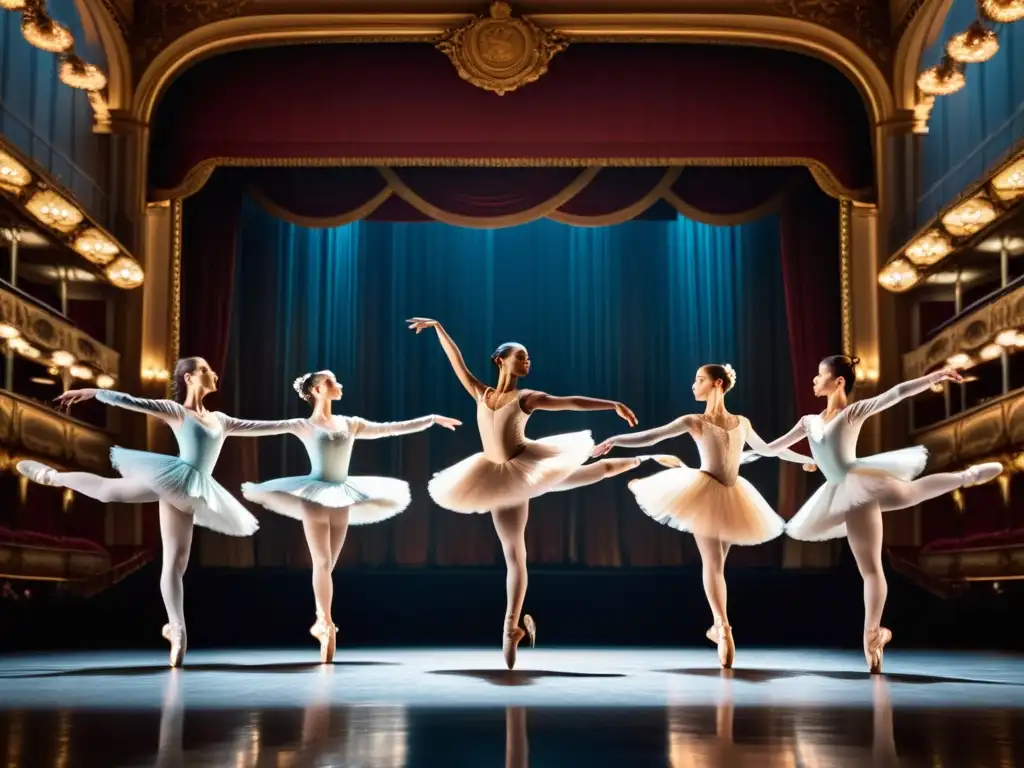 Bailarines de ballet ejecutan un salto sincronizado en un teatro majestuoso, transmitiendo gracia y poder