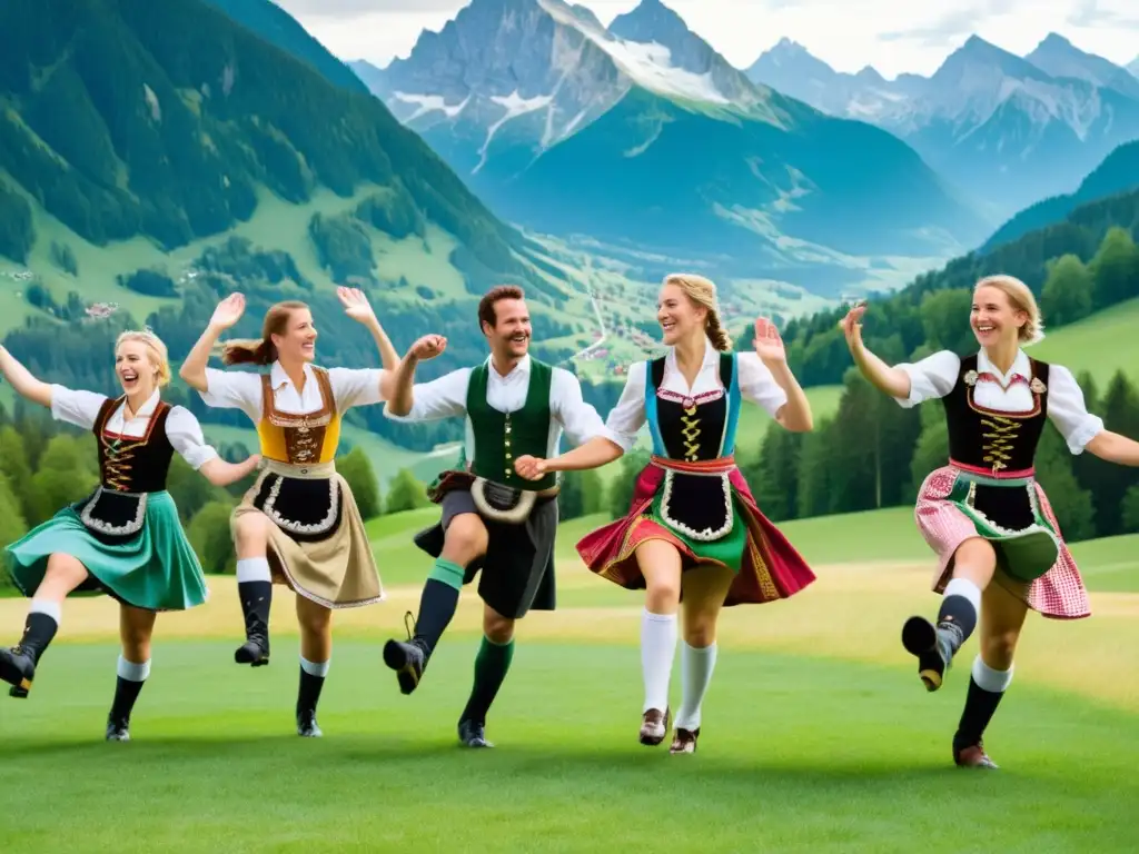 Bailarines bávaros realizando el Schuhplattler en los Alpes, vistiendo trajes tradicionales