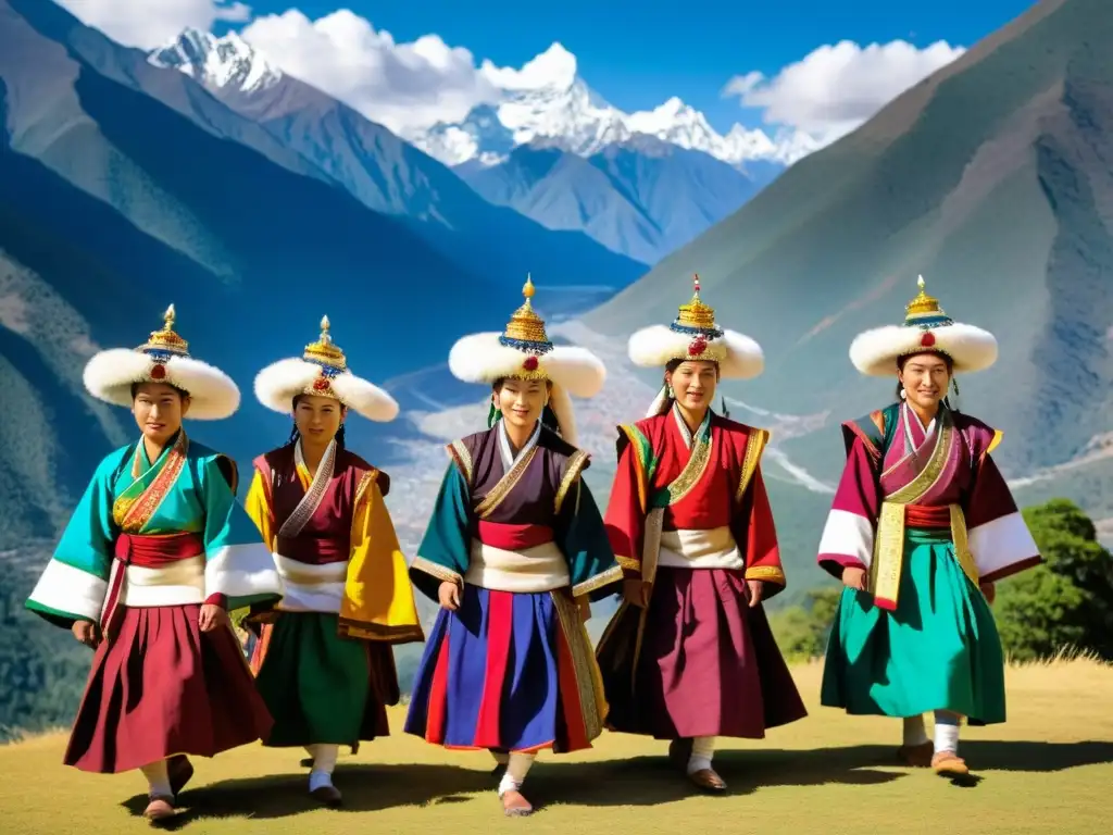 Bailarines de Bhután con vestuario tradicional danzan graciosamente frente a los majestuosos Himalayas, mostrando la belleza cultural de Bhután