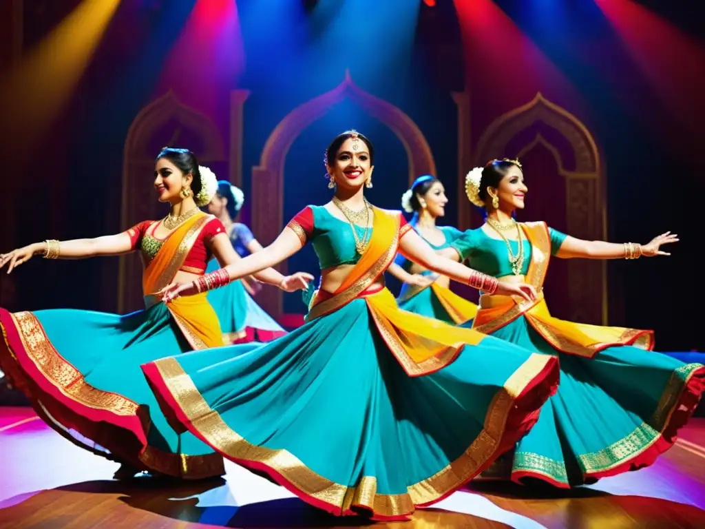 Bailarines de Bollywood en vibrante actuación, reflejando la influencia de la danza tradicional en el cine indio