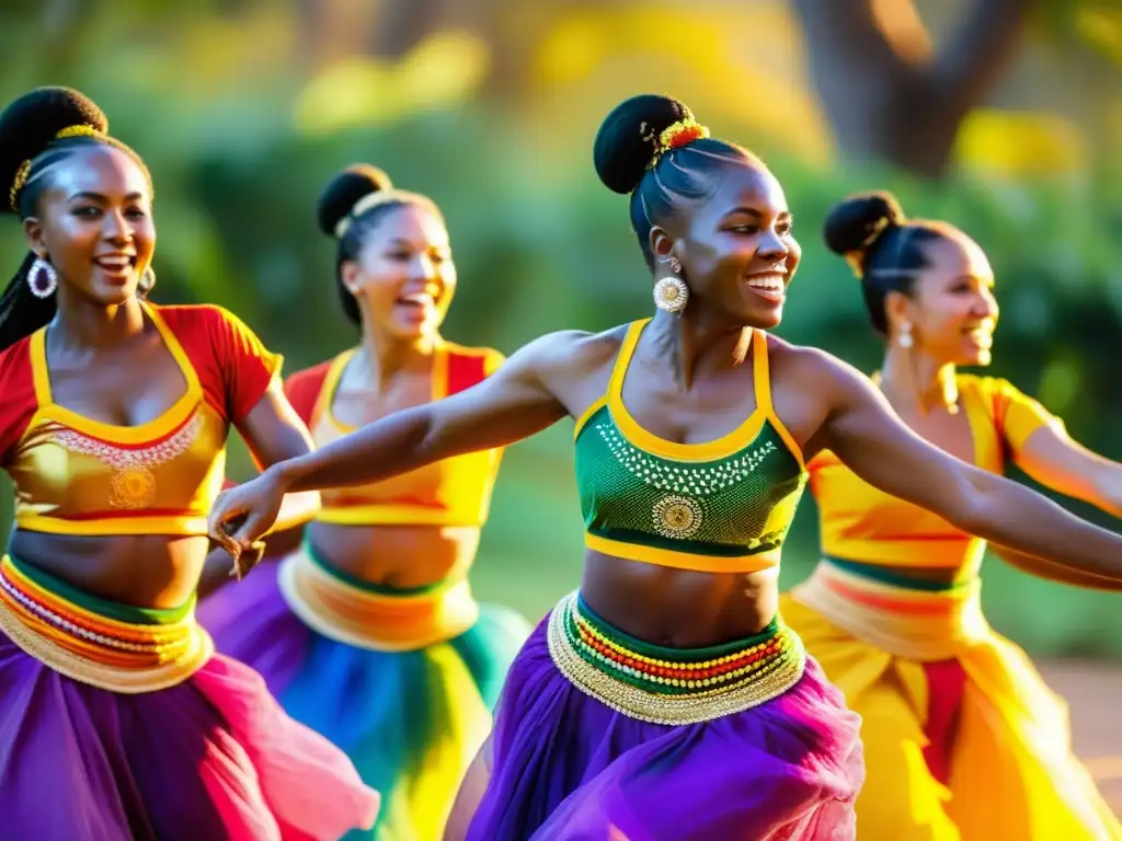 Bailarines de Bomba Puertorriqueña expresando el significado cultural con pasión y orgullo, iluminados por la cálida luz del atardecer