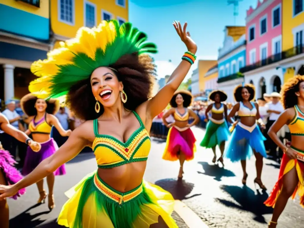 Bailarines brasileños vistiendo trajes tradicionales danzan al ritmo del Maxixe en un animado festival callejero