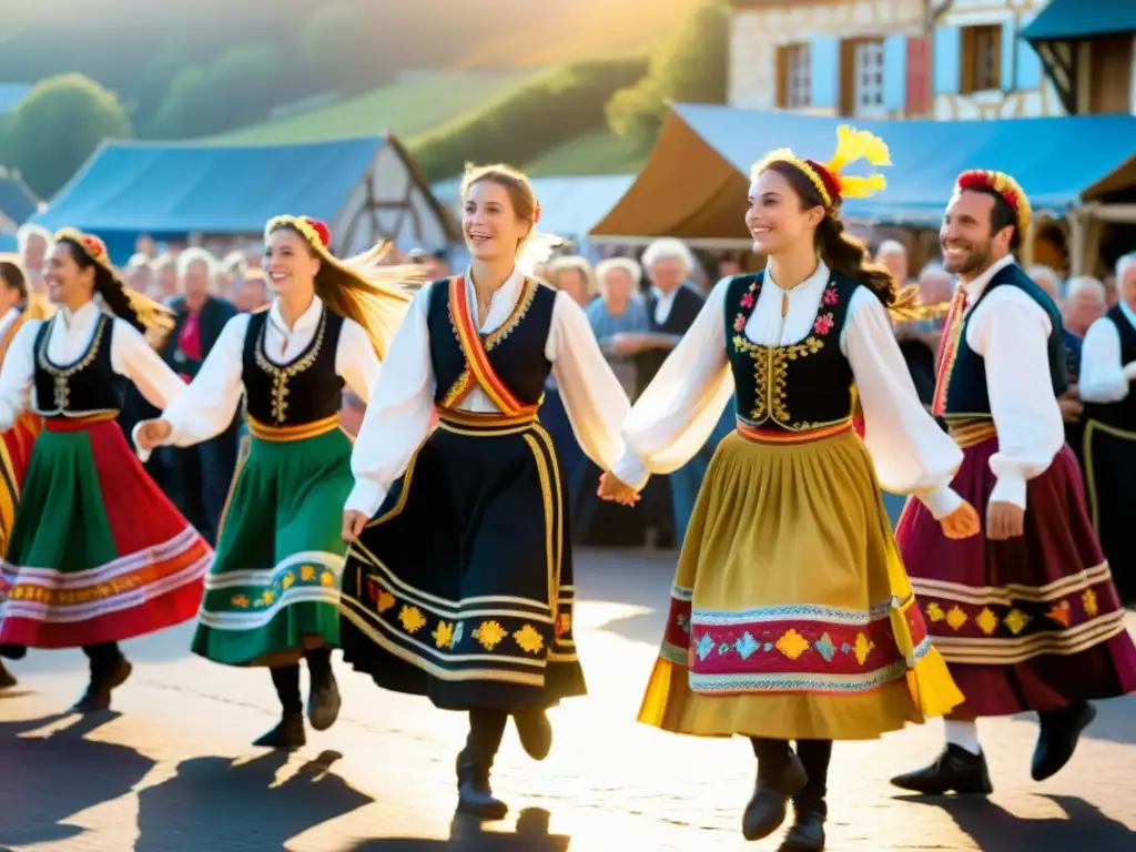 Bailarines bretones con trajes coloridos y bordados, danzando en el Festival Cornouaille mientras la multitud aplaude y celebra