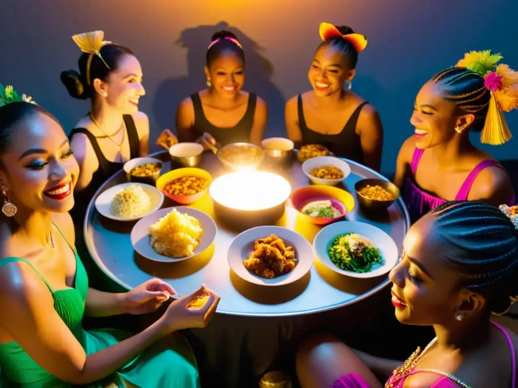 Bailarines en círculo disfrutan de comidas preescenario para bailarines, iluminados por luces cálidas antes del espectáculo