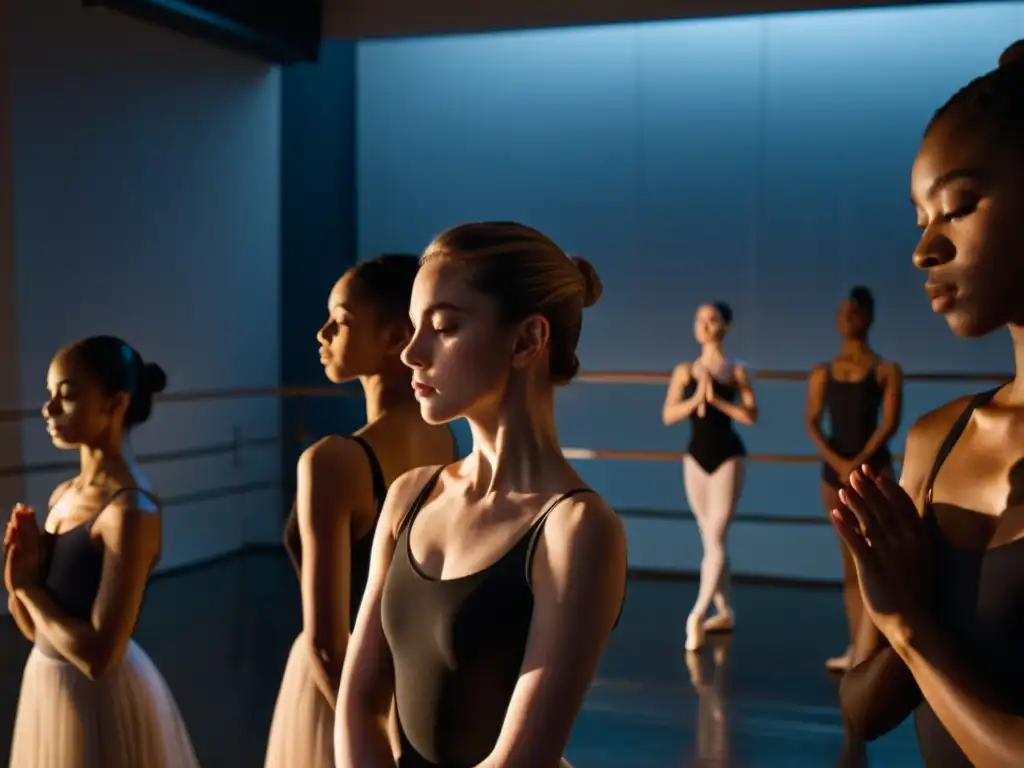 Bailarines en círculo, concentrados en la danza en un estudio tenue