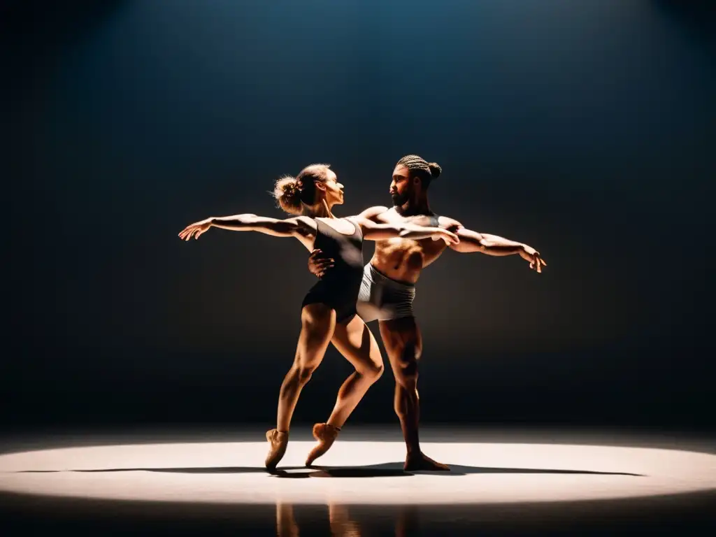 Dos bailarines contemporáneos entrelazados en una pose dinámica y poderosa en un estudio tenue