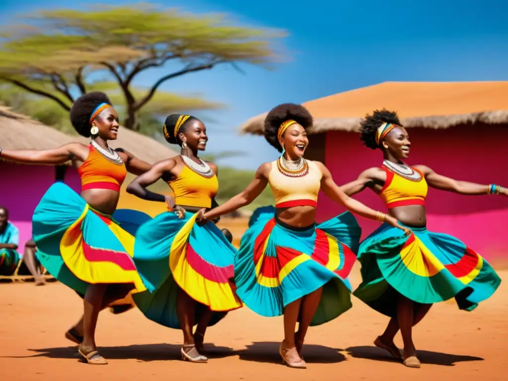 Bailarines de danza africana realizando movimientos ágiles y mostrando su fuerza en un vibrante escenario al aire libre