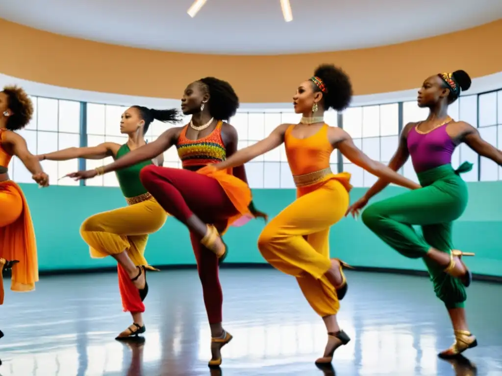 Bailarines de danza africana ejecutando movimientos dinámicos y poderosos en un estudio lleno de luz natural