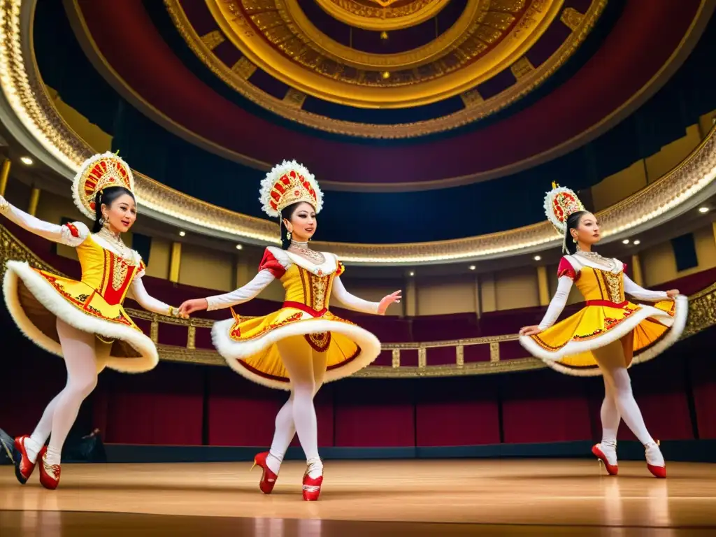 Bailarines de danza tradicional deslumbran en teatro histórico con movimientos dinámicos y coloridos