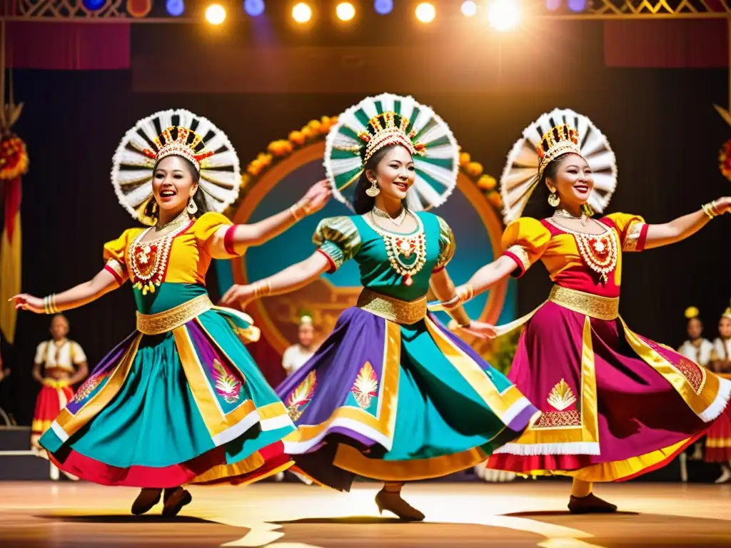 Bailarines de danza tradicional en trajes vibrantes realizando una rutina dinámica en un escenario decorado con ornamentos coloridos