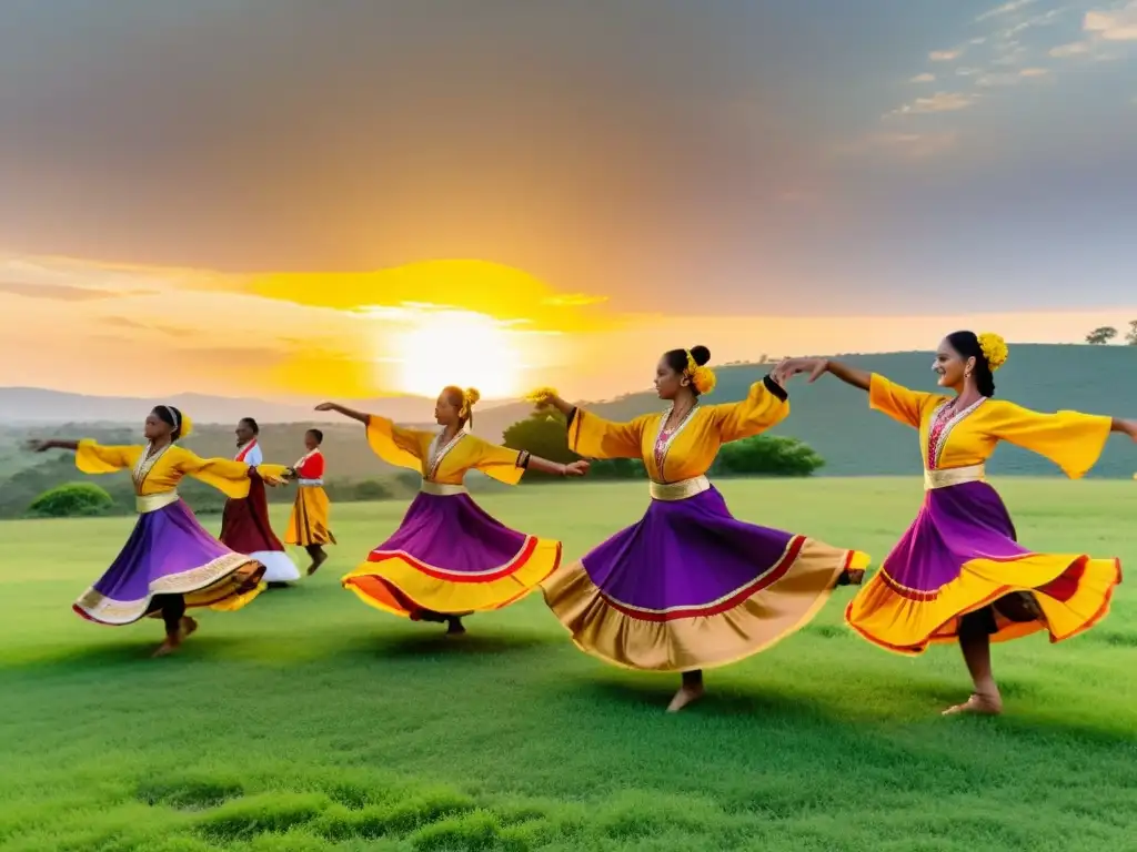 Bailarines de danzas tradicionales practicando al atardecer en un campo verde exuberante