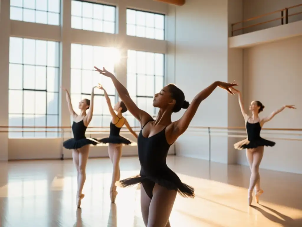 Bailarines practicando ejercicios para aumentar la capacidad pulmonar en un estudio soleado y espacioso, respirando con gracia y disciplina