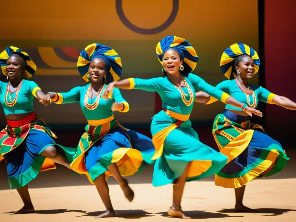 Bailarines de la Bamboula danzan con energía y gracia en trajes vibrantes, celebrando la herencia cultural de África Occidental