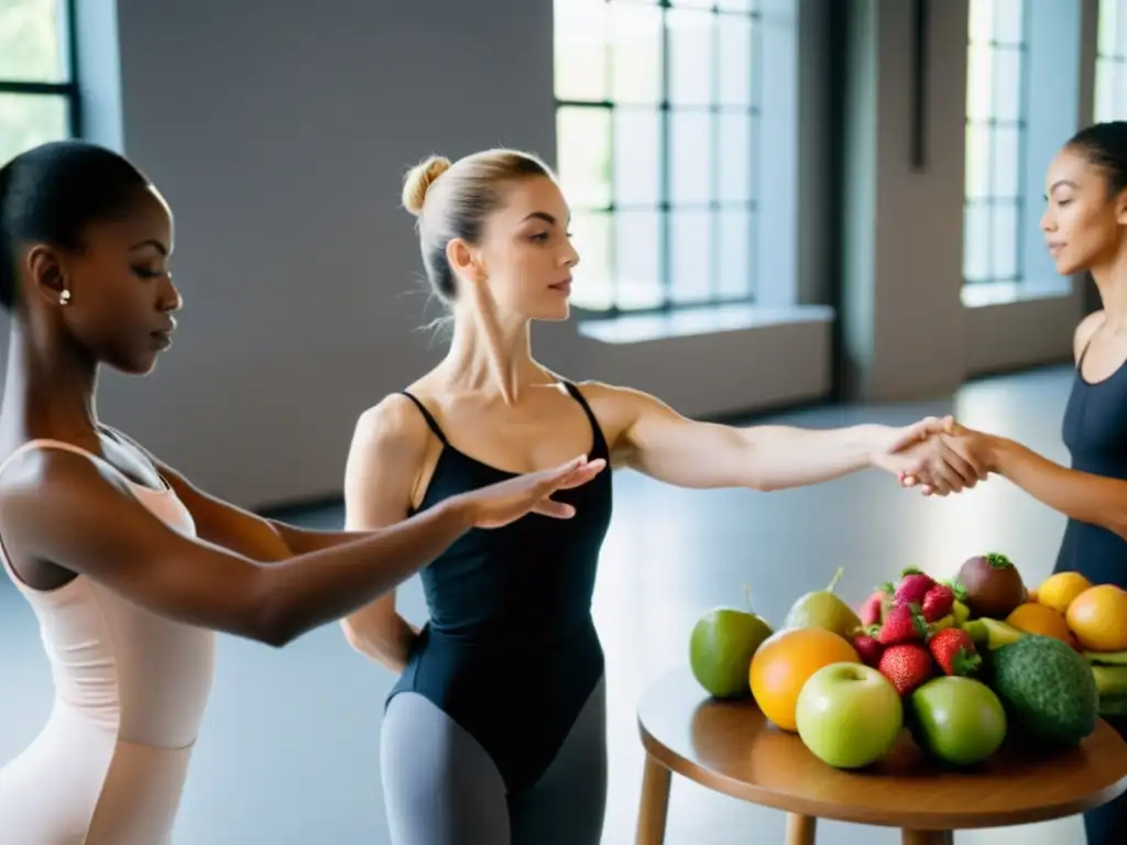 Bailarines enfocados escuchan a nutricionista en estudio con alimentos prohibidos para bailarines