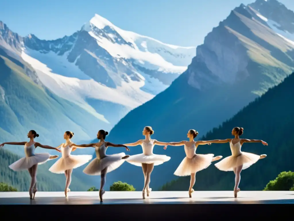 Bailarines realizando entrenamiento en altitud, con montañas nevadas de fondo