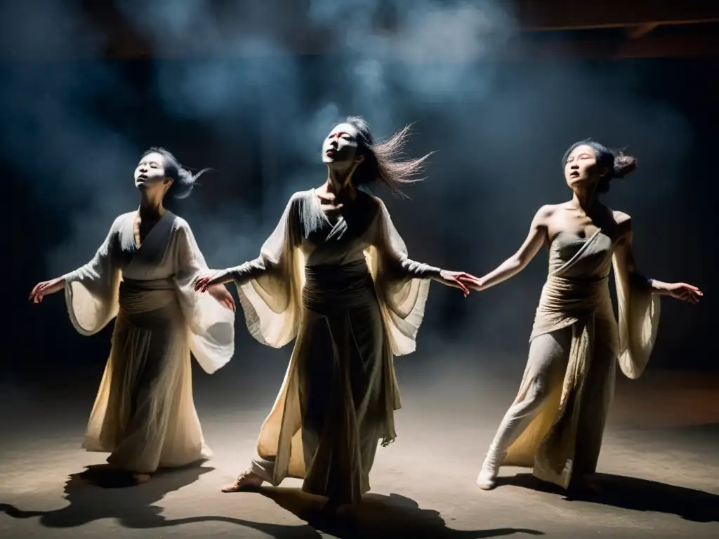 Bailarines de Butoh en un espacio atmosférico, sus cuerpos contorsionados transmiten belleza y emoción