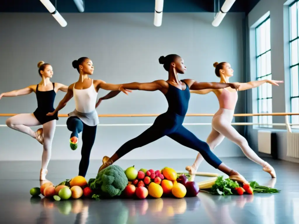 Bailarines en estudio con alimentos prohibidos para bailarines, mostrando gracia y fuerza en su entrenamiento y nutrición consciente