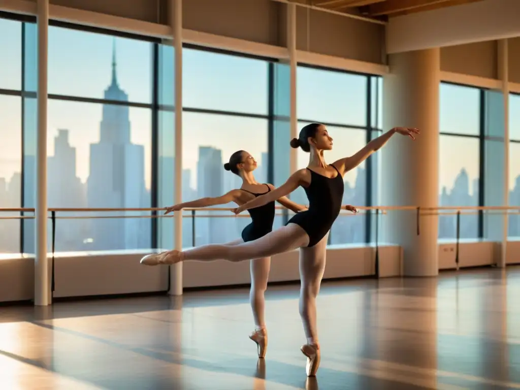 Bailarines practican con concentración en un estudio soleado