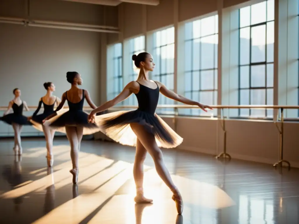 Bailarines ensayan con determinación en un estudio soleado