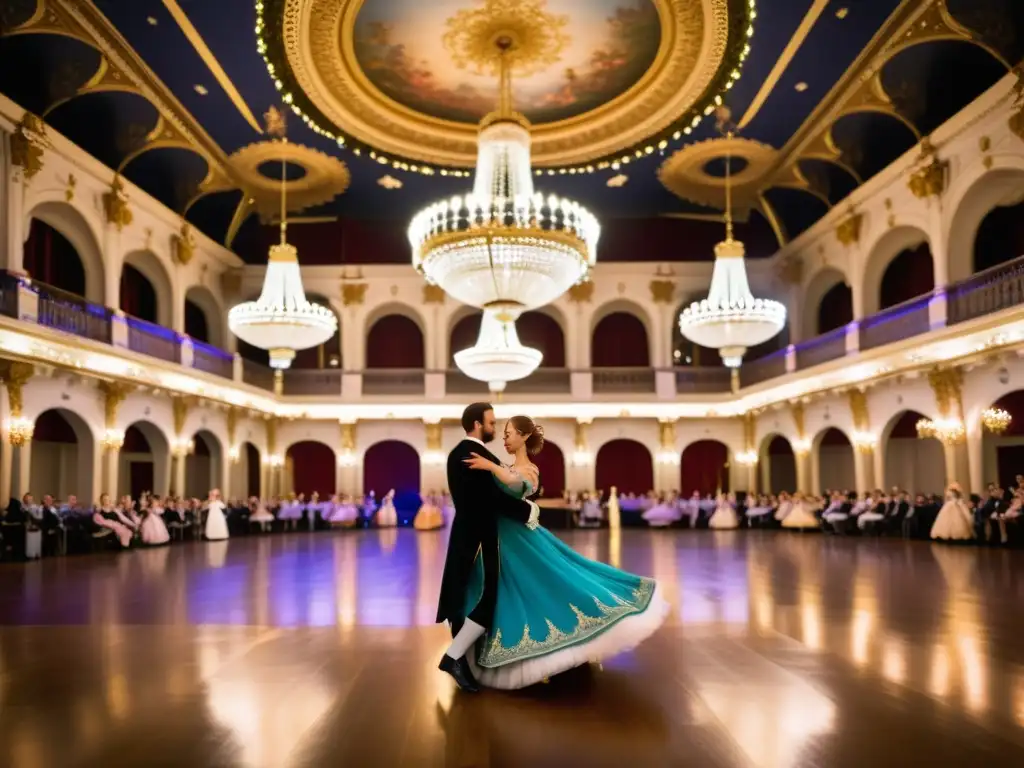 Bailarines europeos en trajes tradicionales waltz en un salón majestuoso