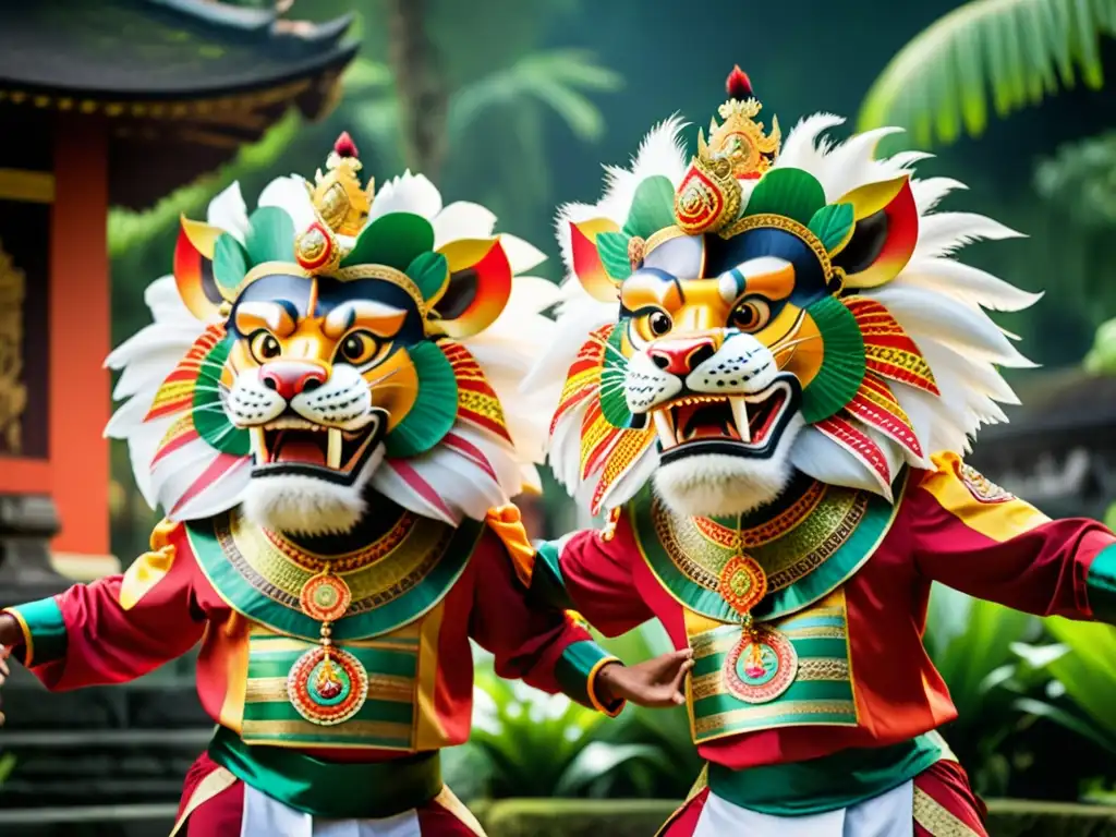 Dos bailarines expertos realizan la tradicional danza Barong de Bali, en una intensa batalla entre el bien y el mal, con trajes coloridos y detallados