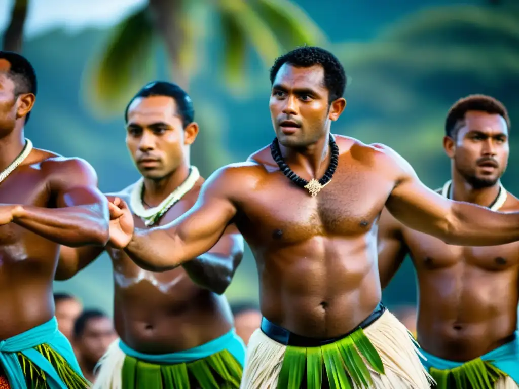 Bailarines fijianos realizando el Meke, expresando el significado cultural del Meke Fijiano con intensidad y color