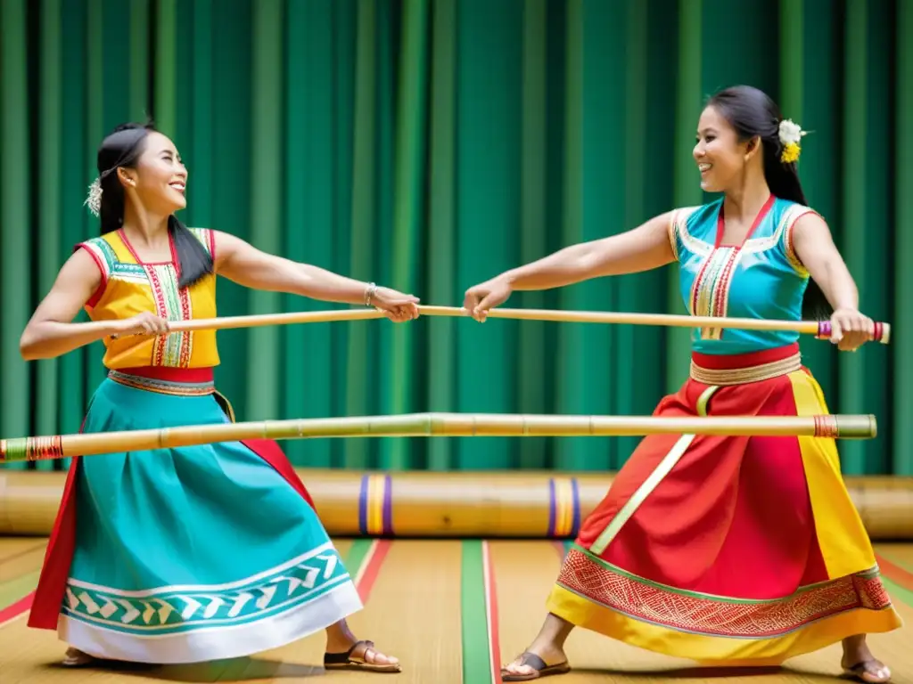 Dos bailarines filipinos realizan el tradicional baile del Tinikling, entre palos de bambú