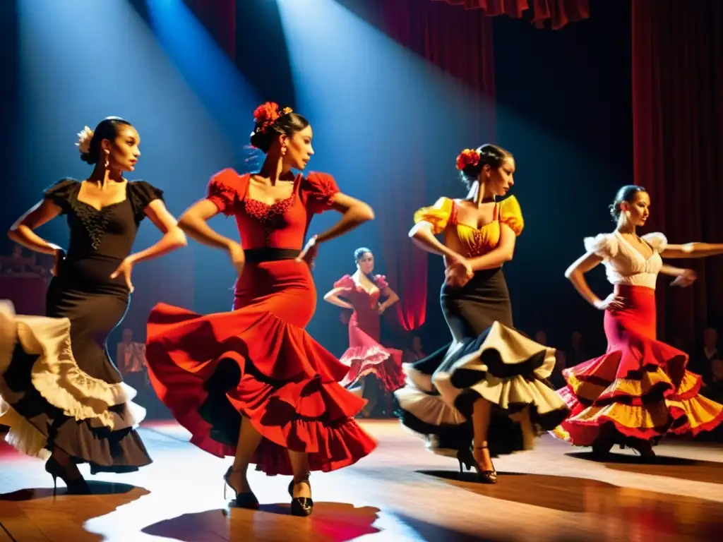 Bailarines de flamenco en vibrante actuación en un festival internacional de baile flamenco, con intensidad y emoción en cada movimiento