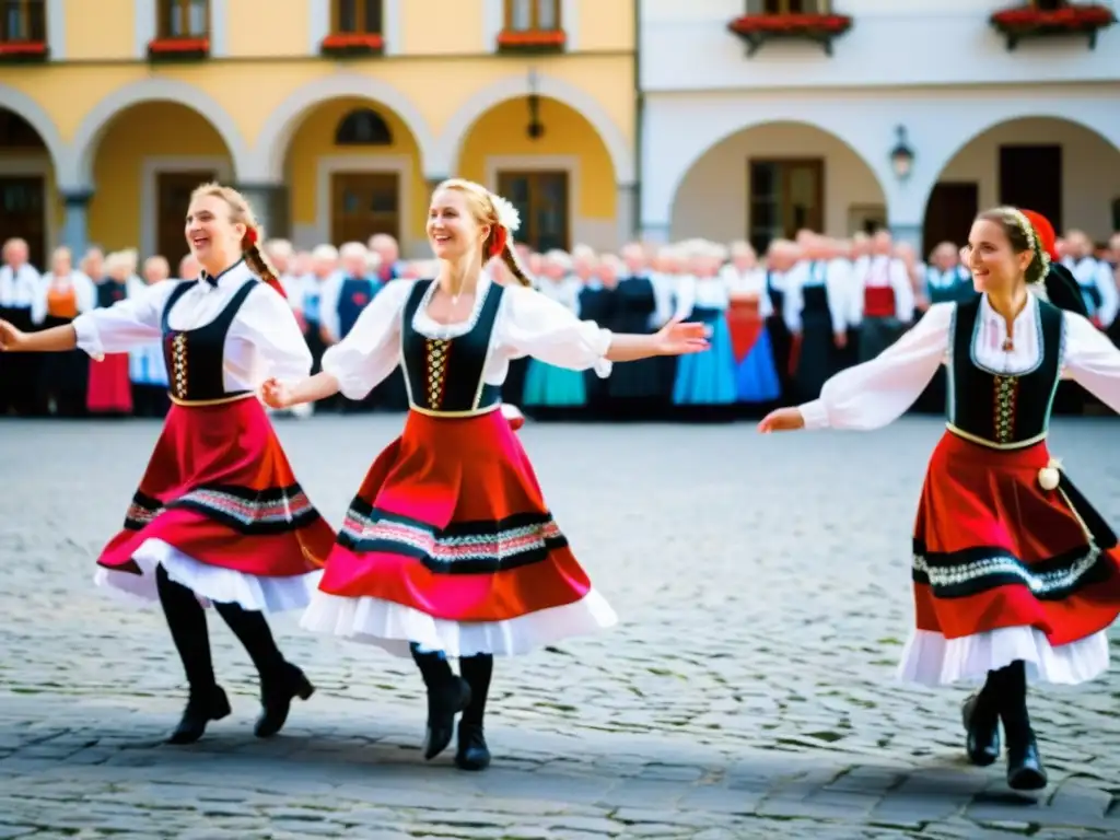 Bailarines folclóricos checos danzando la animada Polka en la plaza, con trajes coloridos y alegre atmósfera que captura el significado cultural de la Polka checa