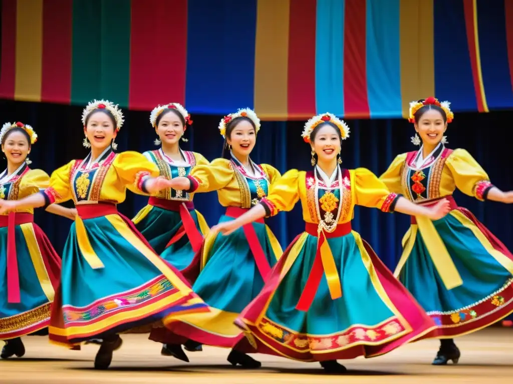 Bailarines folclóricos con trajes vibrantes ejecutan un baile dinámico en un escenario tradicional, conservando el ballet folclórico mundial