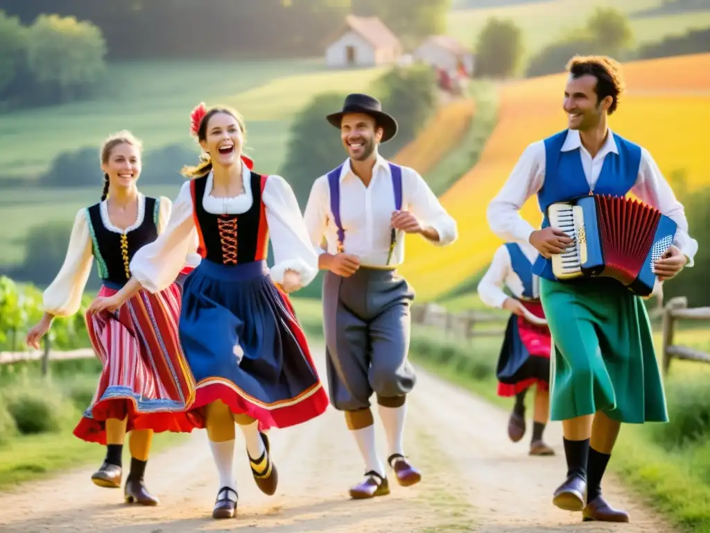 Bailarines franceses en trajes tradicionales realizando la bourrée, capturando la esencia de esta danza y su significado cultural