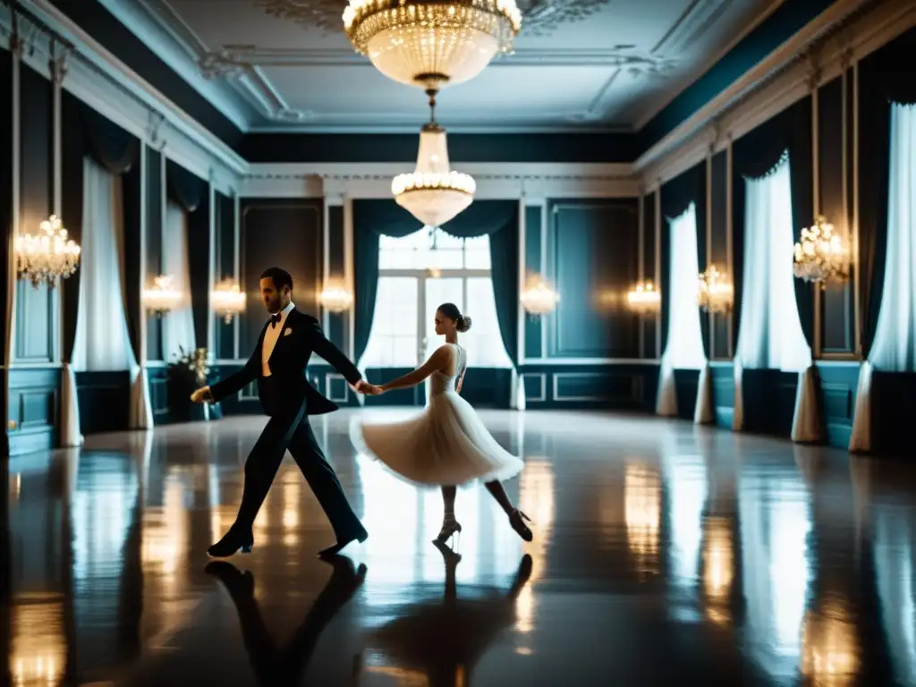 Autobiografías de bailarines históricos: Foto en blanco y negro de un majestuoso salón de baile histórico, con elegantes bailarines y deslumbrantes candelabros