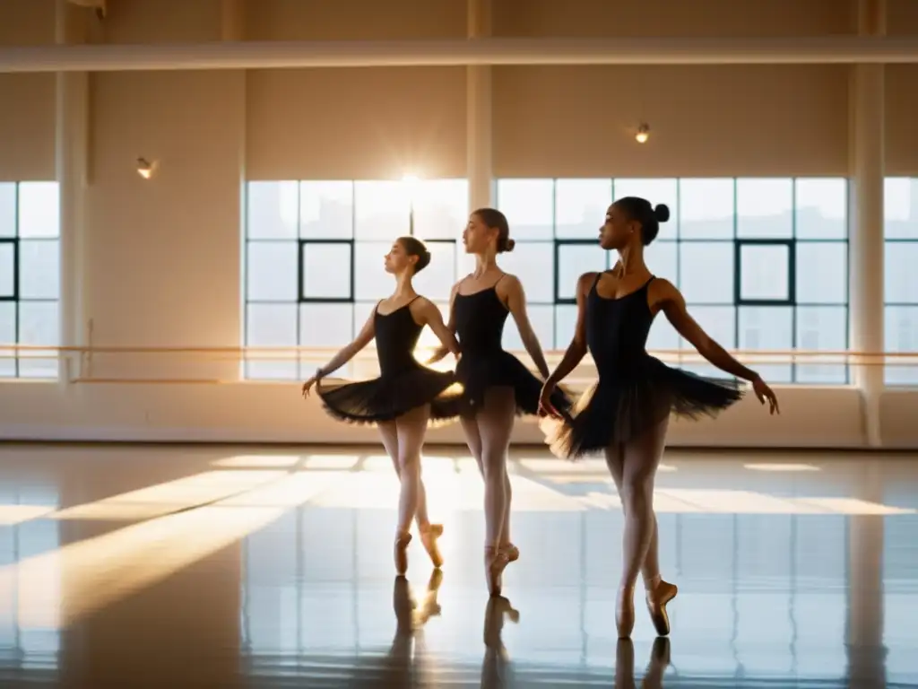 Bailarines inmersos en su práctica, capturados en un estudio soleado y espacioso