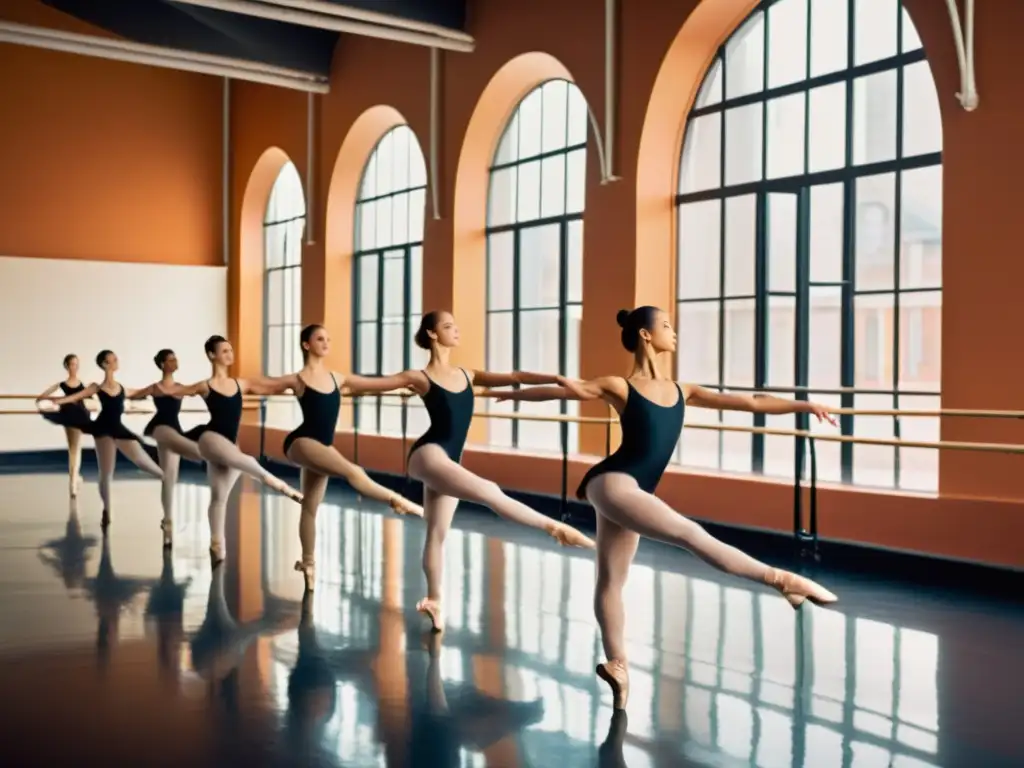 Bailarines internacionales practican con pasión en estudio de danza, reflejando elegancia y fuerza