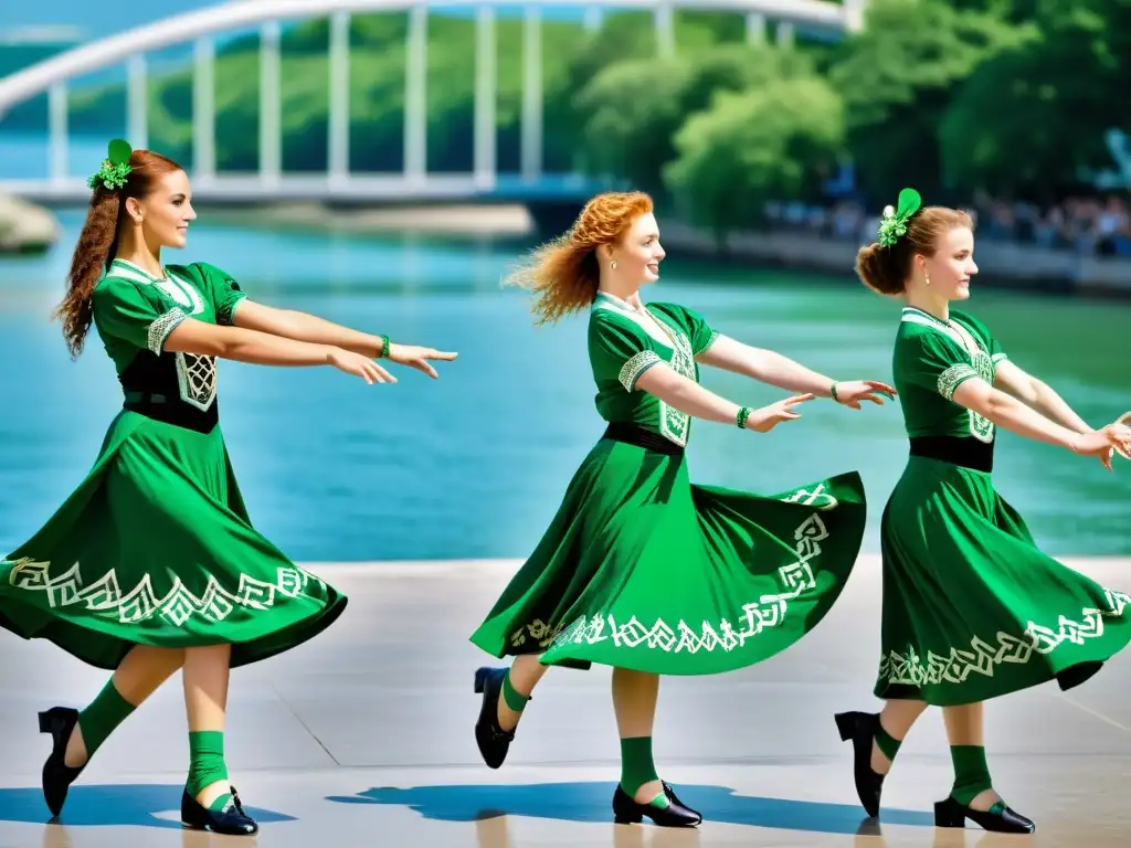 Bailarines irlandeses tradicionales en vibrantes trajes verdes con influencia diáspora, danza junto al Danubio, mostrando la conexión cultural