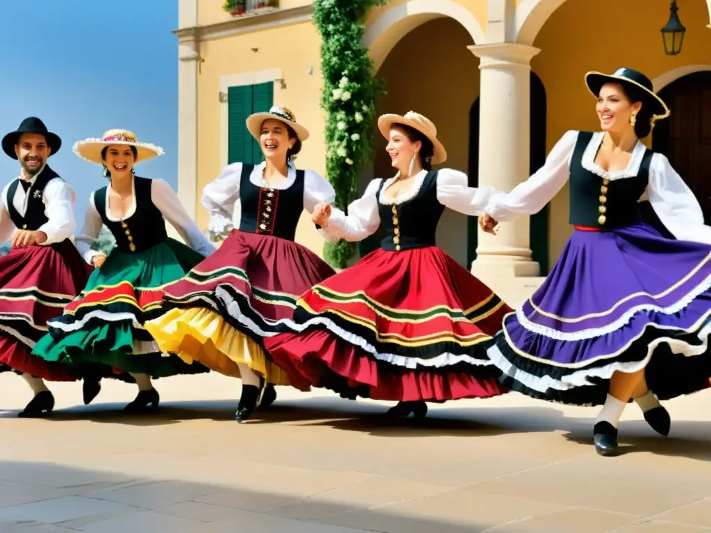 Bailarines italianos en trajes tradicionales de tarantela danzan con energía y pasión en una plaza de pueblo