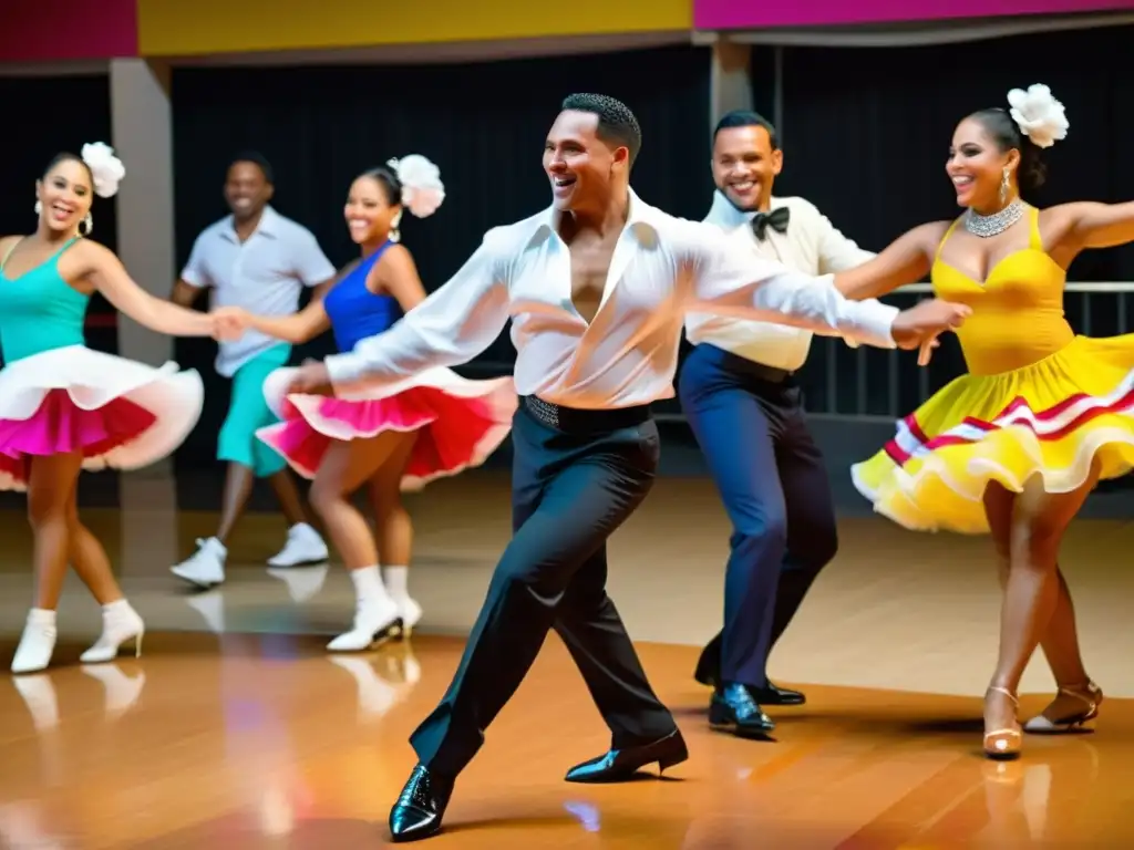 Bailarines de merengue dominicano ejecutando técnicas de baile en sincronía, con trajes coloridos y expresiones alegres, en un ambiente vibrante