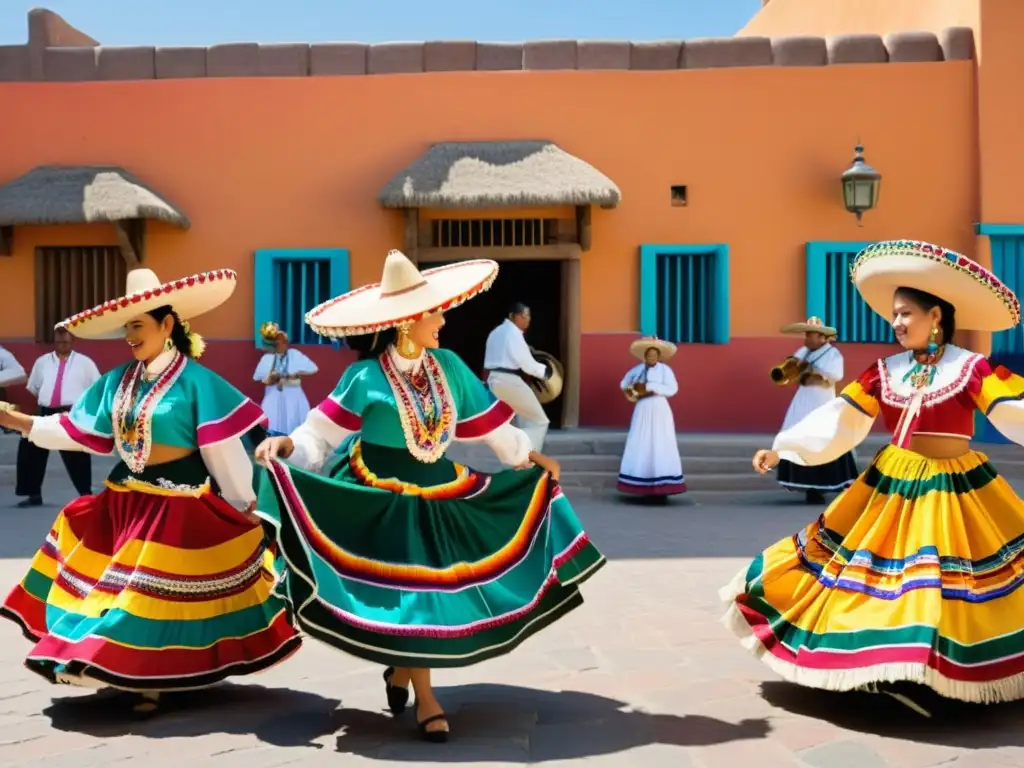 Bailarines mexicanos con trajes coloridos y músicos en la plaza, capturando la esencia de la danza tradicional y la cultura vibrante de México