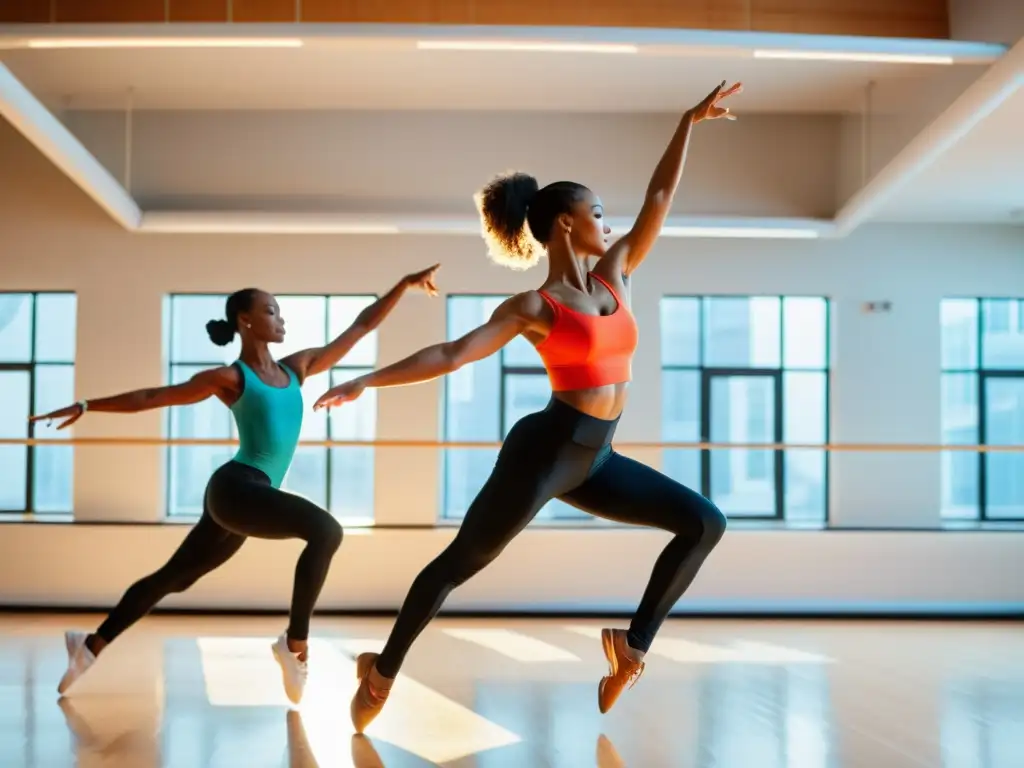 Bailarines en movimiento, expresando pasión y determinación en un estudio luminoso