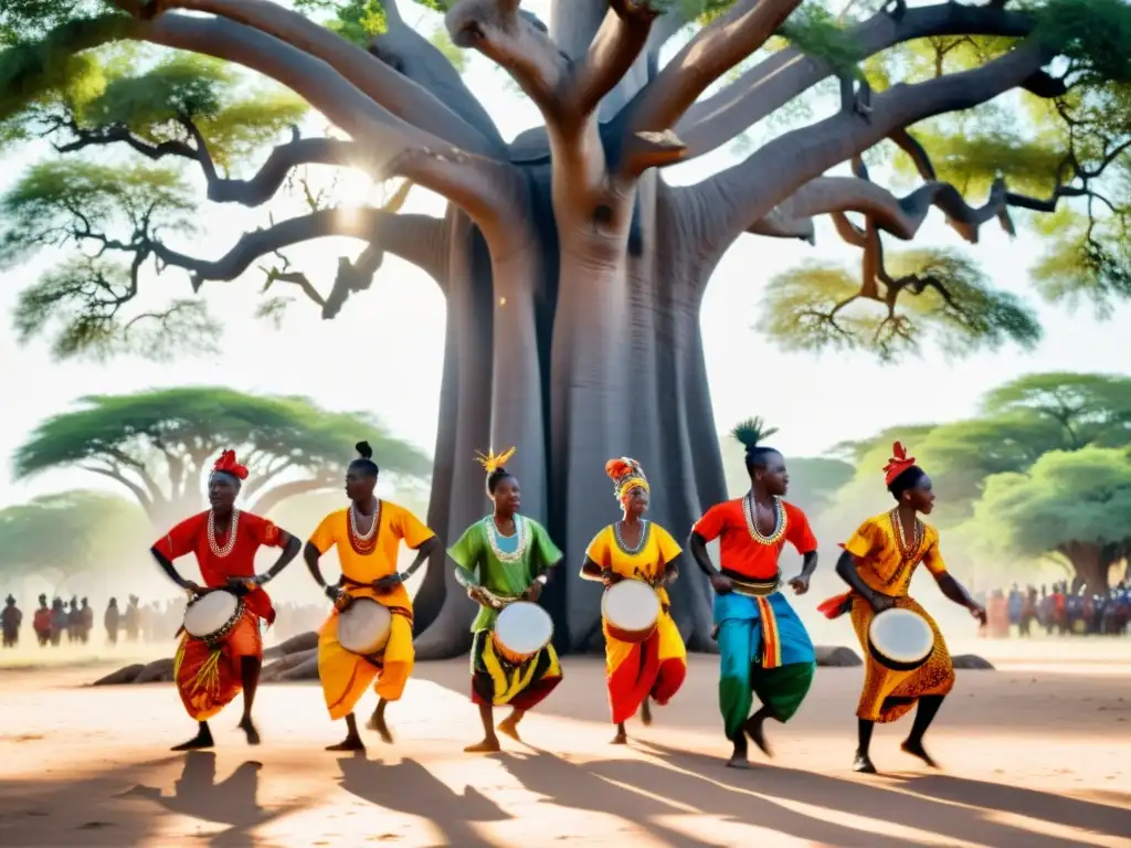 Bajo el baobab, bailarines de África Occidental danzan con gracia al ritmo de tambores en la vibrante Bamboula danza cazadores África Occidental