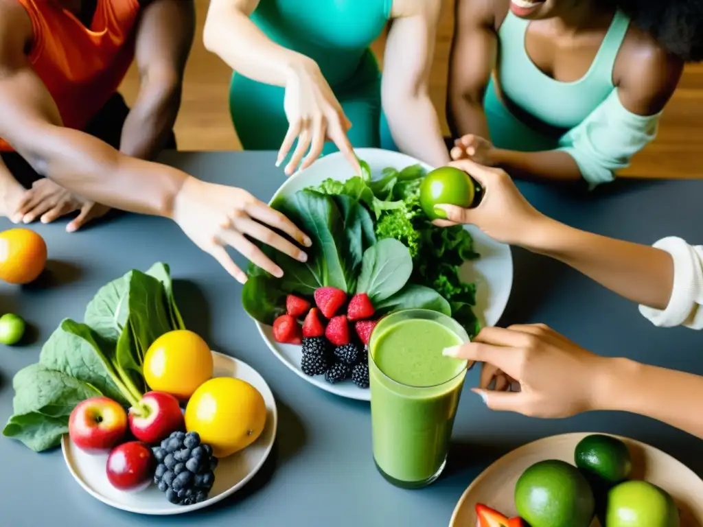 Bailarines disfrutan de un plan alimenticio ideal mientras se reúnen alrededor de una mesa con alimentos nutritivos y coloridos