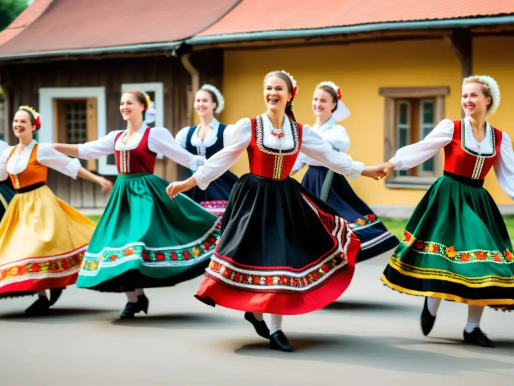 Bailarines polacos realizando una Mazurca tradicional con trajes coloridos