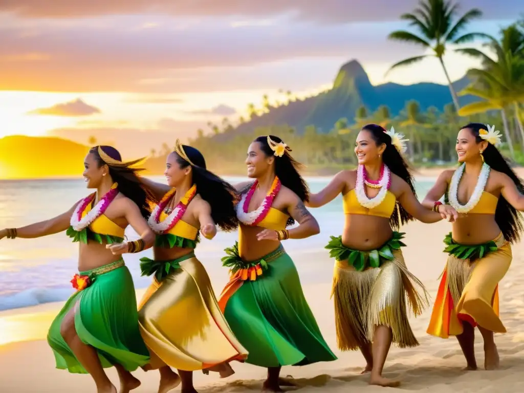 Bailarines polinesios realizando una danza tradicional al atardecer en la playa